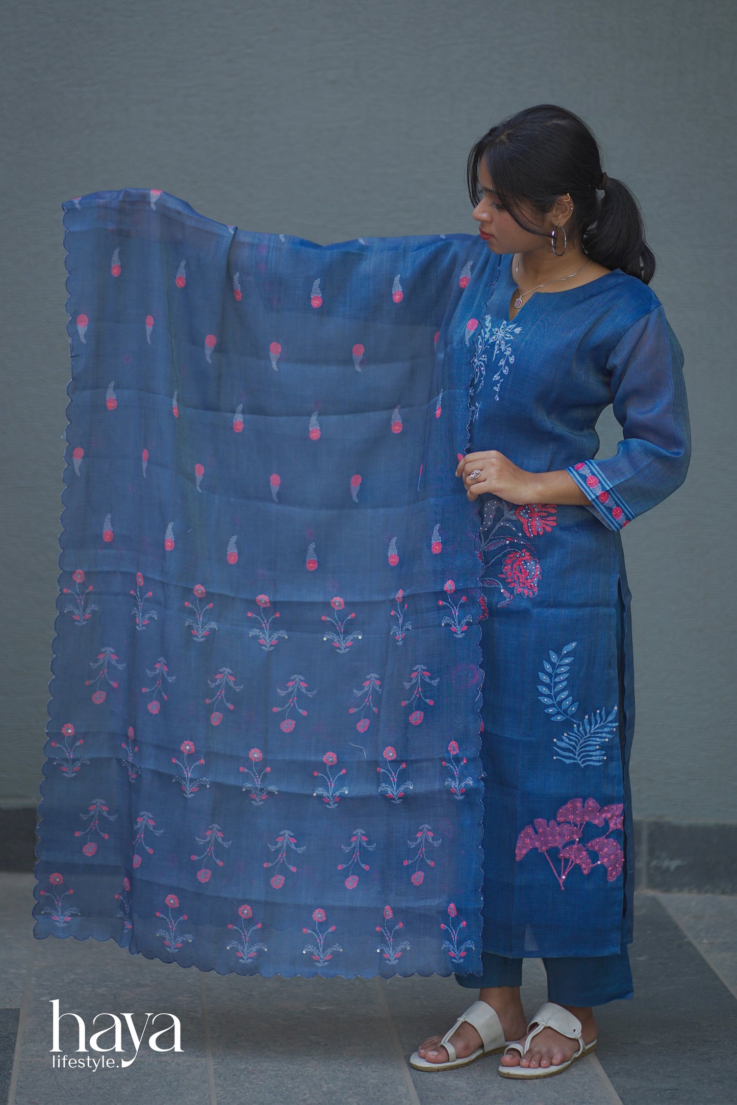 Haya Deep Blue Linen Embroidered Women's Suit With Pant