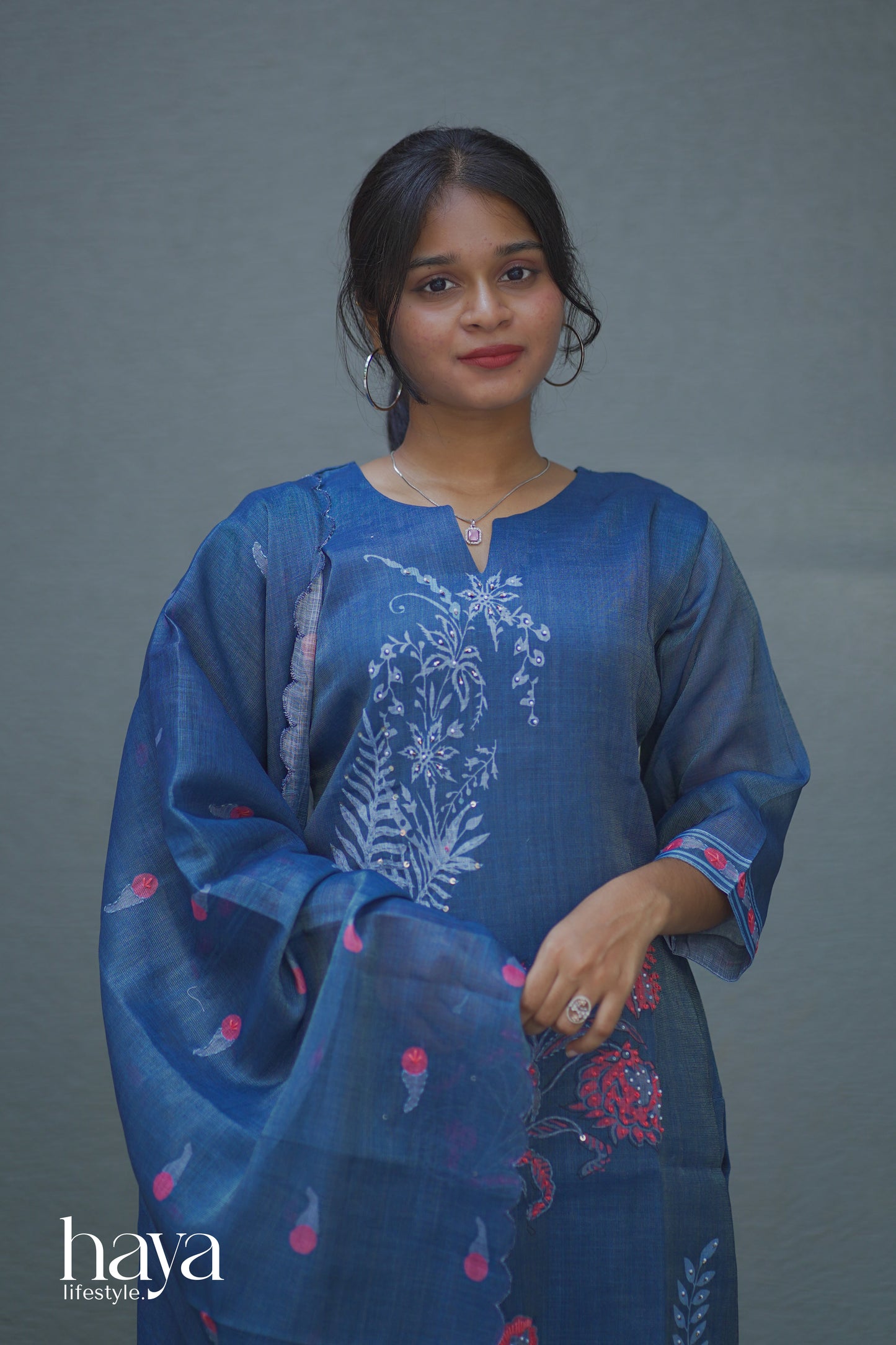 Haya Deep Blue Linen Embroidered Women's Suit With Pant