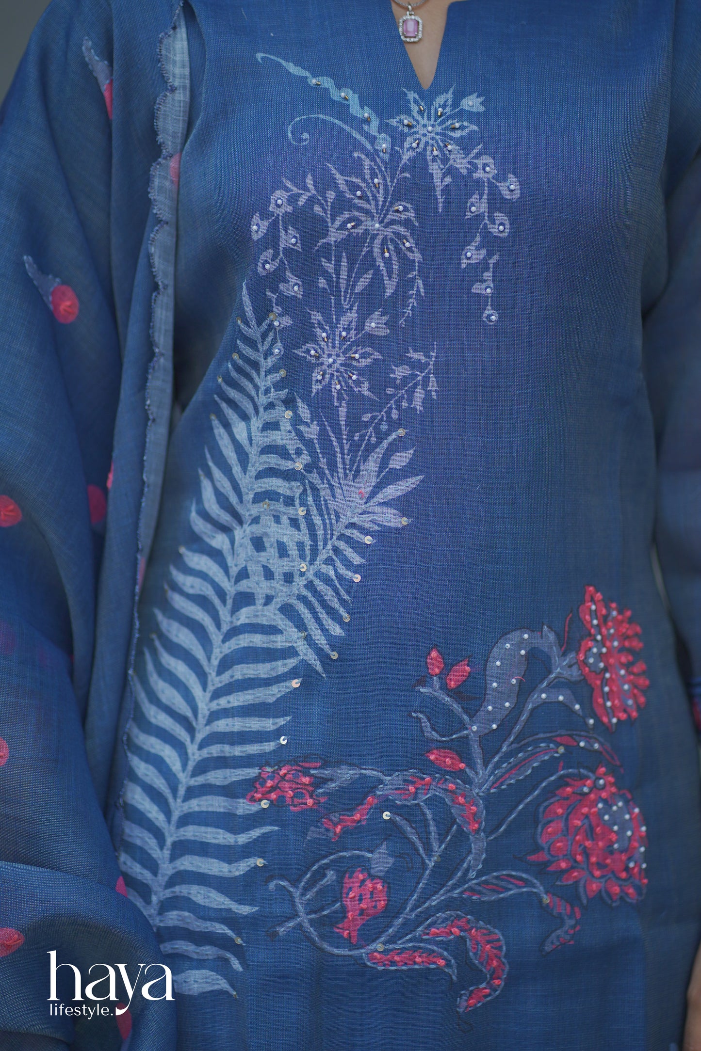 Haya Deep Blue Linen Embroidered Women's Suit With Pant