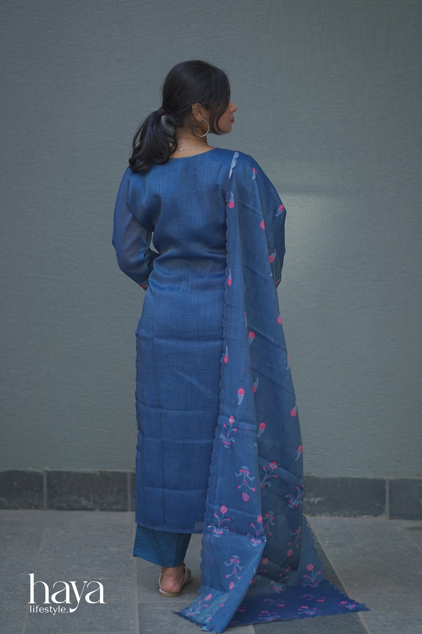Haya Deep Blue Linen Embroidered Women's Suit With Pant