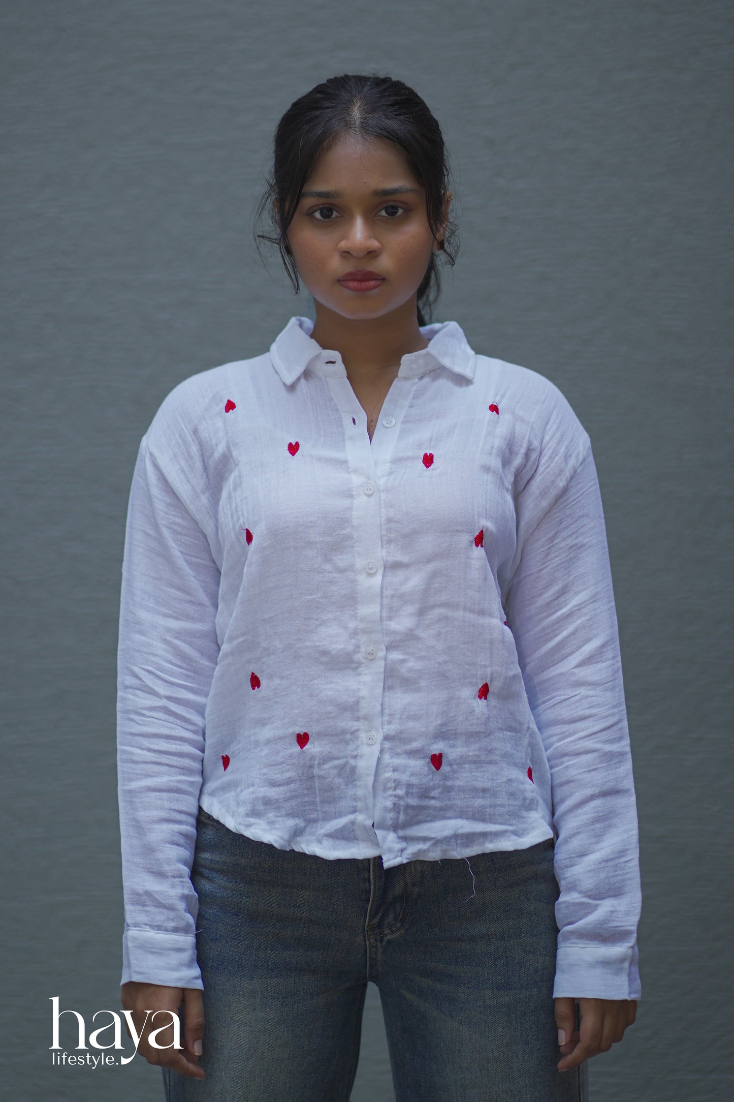 Haya Western Red Heart Printed Cotton White Full Sleeve Shirt