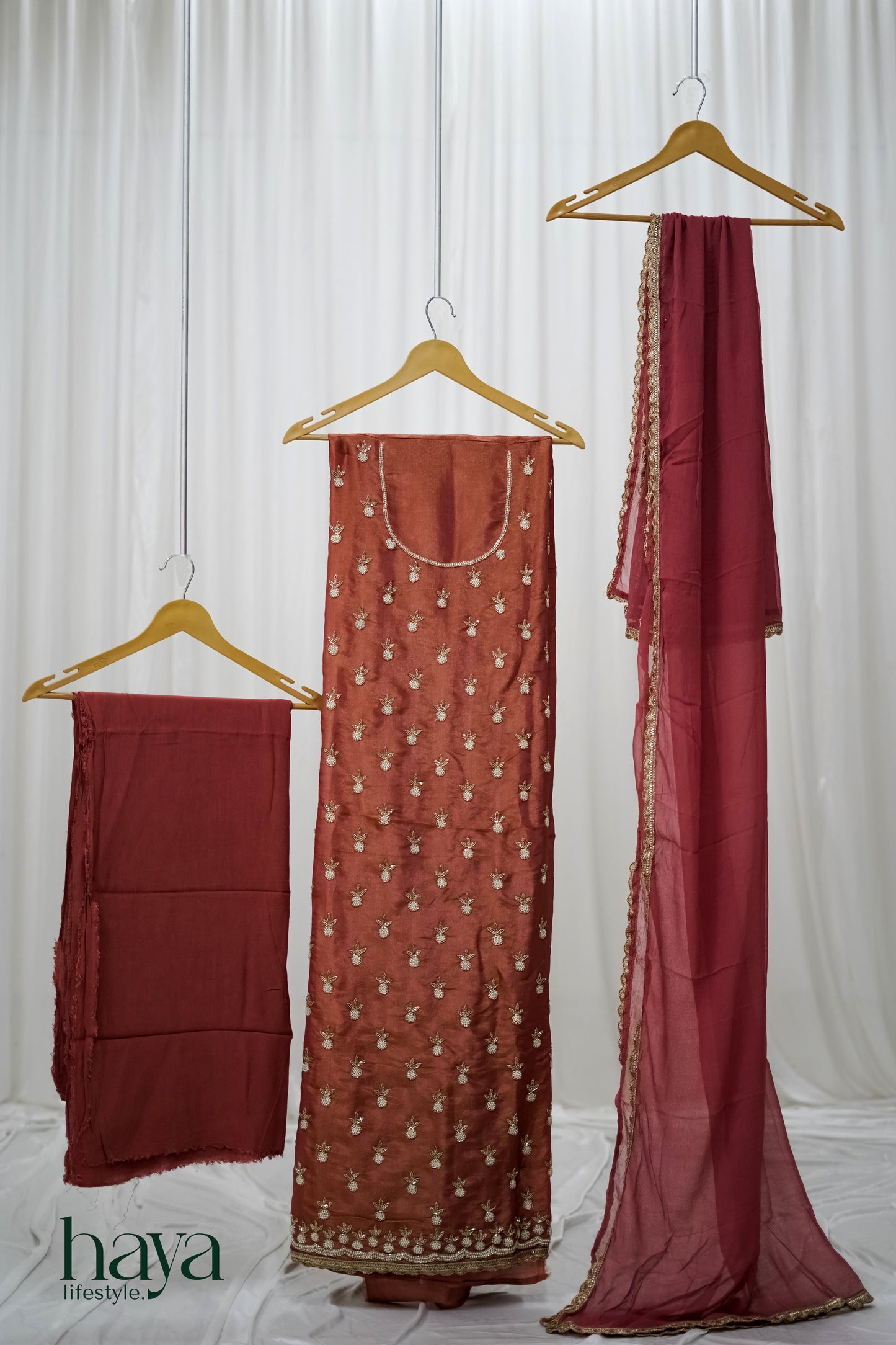 Haya Peach Unstitched Handworked Shimmer Silk Salwar Suit