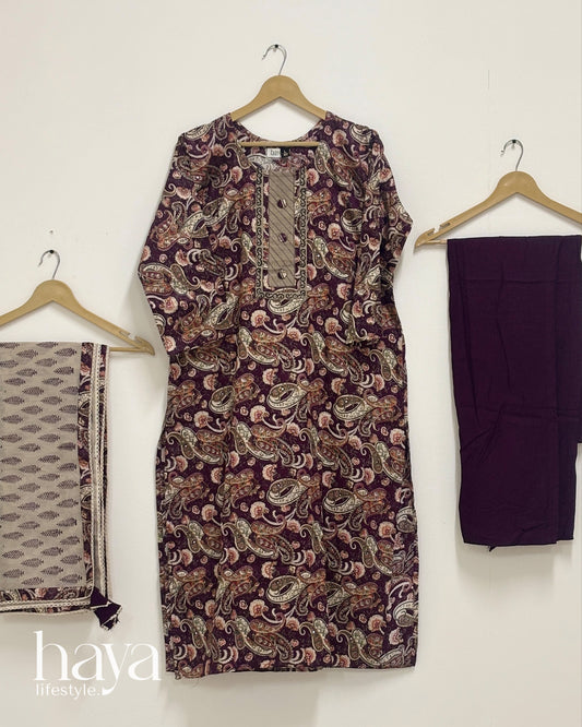 Haya Purple Paisley Printed 3-Piece Suit Set