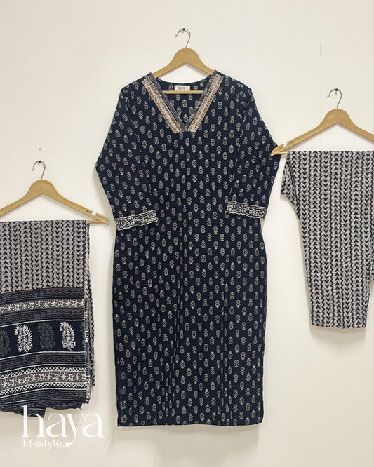 Haya Black Printed Cotton Suit