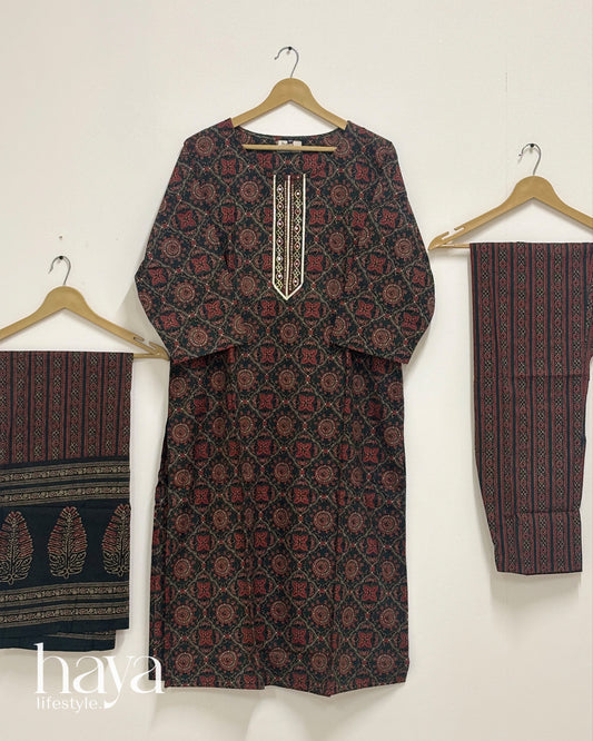 Haya Green With Maroon & Rust Mandala Block Print Kurta Set