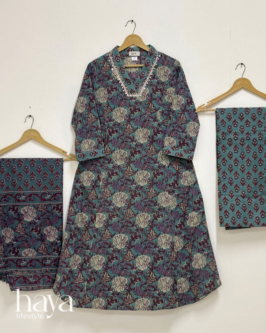 Haya Dusty Deep Teal With Floral Prints Kurta Set