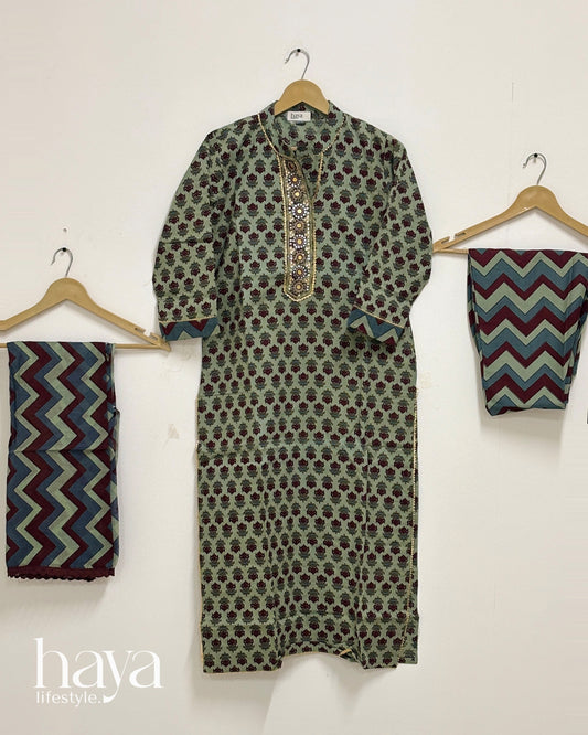 Haya Sage Green With Maroon & Black Floral Block Print Kurta Set