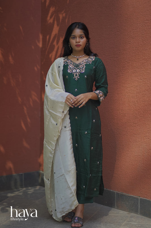 Haya Premium Bottle Green Hand Worked Salwar Suit