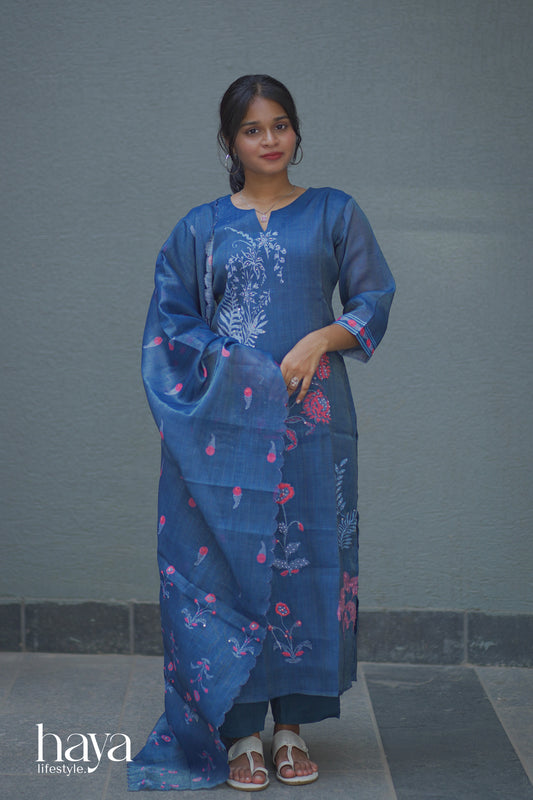 Haya Deep Blue Linen Embroidered Women's Suit With Pant
