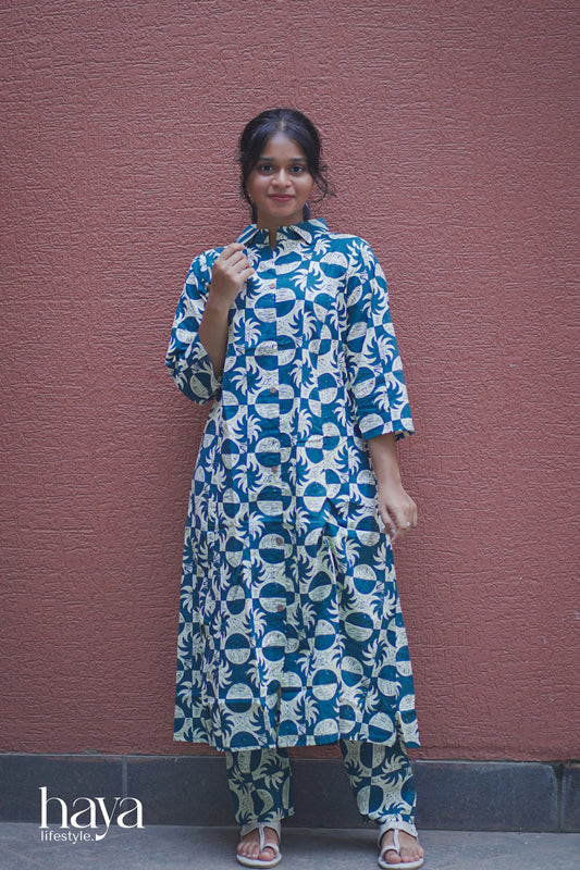 Haya Blue & Off White Printed A-Line Co-Ord Set