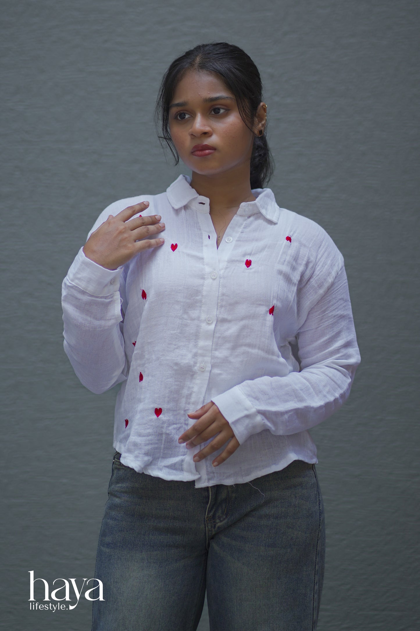 Haya Western Red Heart Printed Cotton White Full Sleeve Shirt