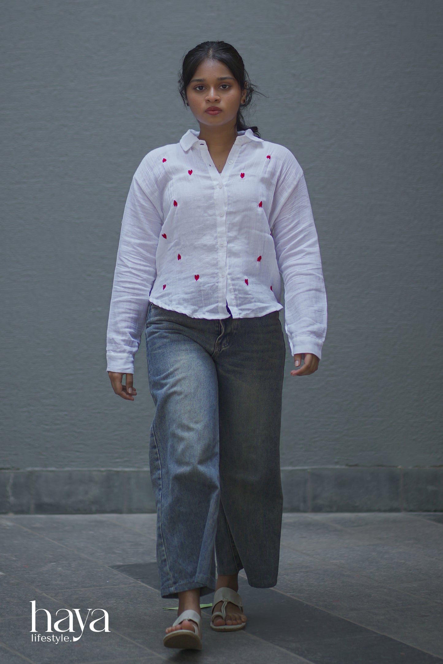 Haya Western Red Heart Printed Cotton White Full Sleeve Shirt