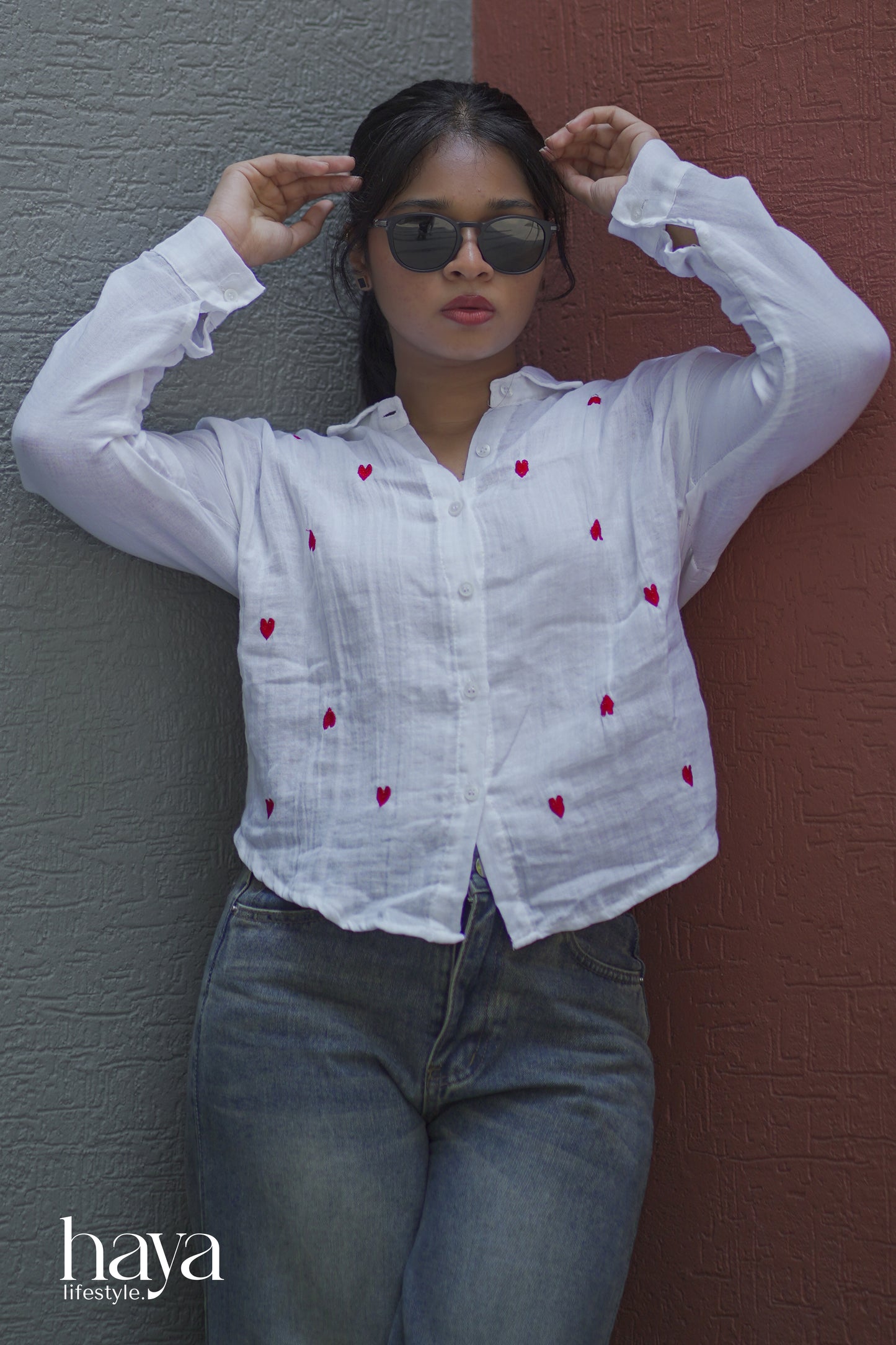Haya Western Red Heart Printed Cotton White Full Sleeve Shirt