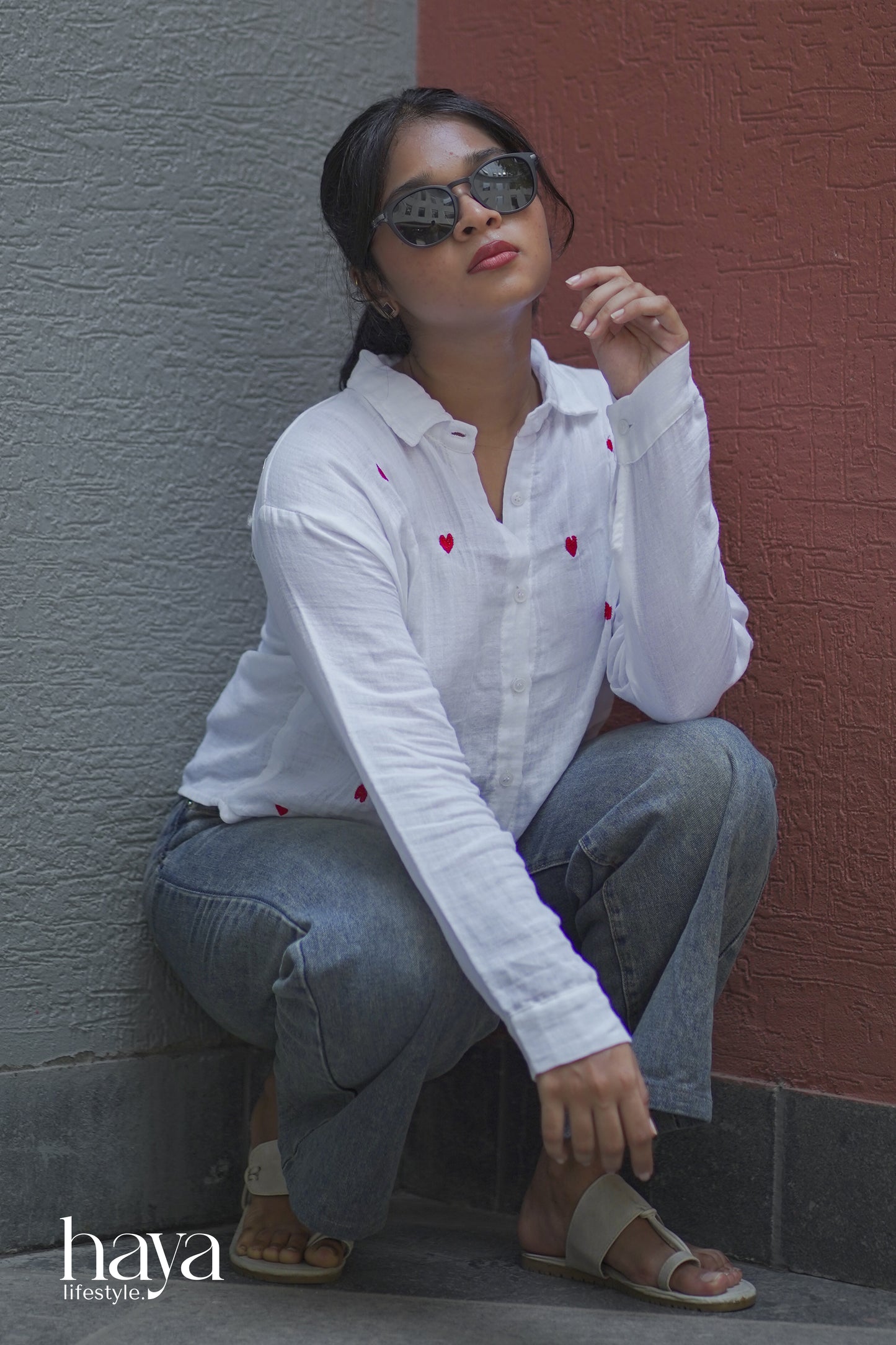 Haya Western Red Heart Printed Cotton White Full Sleeve Shirt