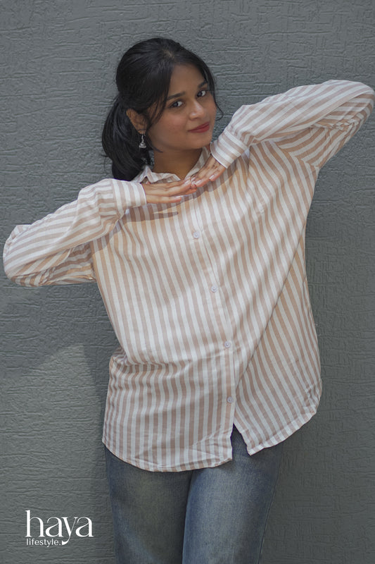 Haya Western Beige Striped Shirt With Full Sleeve