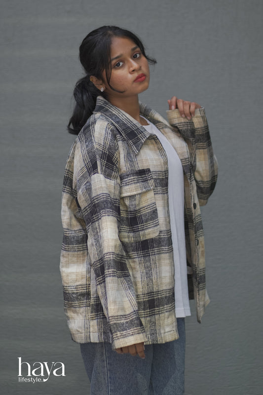 Haya Western Beige Women's Plaid Check Jacket