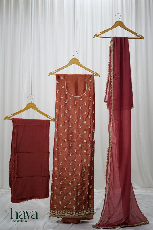 Haya Peach Unstitched Handworked Shimmer Silk Salwar Suit